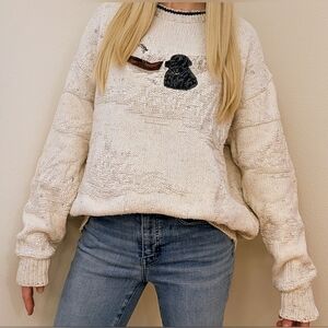 Vintage Embroidered Black Lab & Canoe Textured Chunky Crewneck Sweater In Ivory